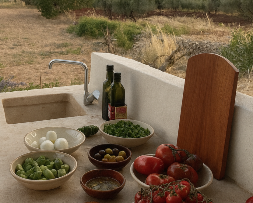 Planche à découper Aiona en bois de chêne, posée dans une cuisine extérieure du Sud de la France.