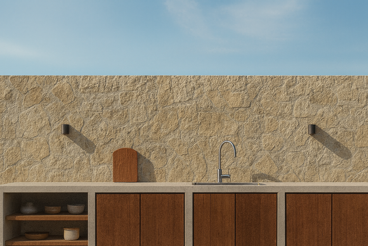 Cuisine extérieur design et moderne, avec la planche à découper en bois de chêne Aiona.
